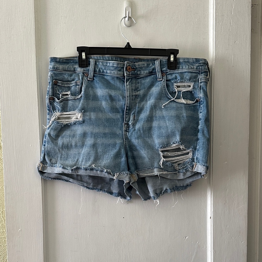 American Eagle Medium Wash Distressed Hi-Rise Shortie Denim Shorts